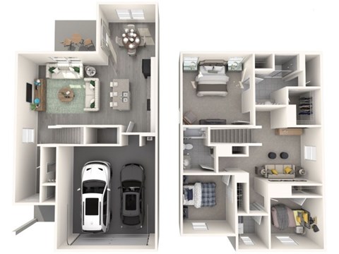 A diagram of a two-bedroom apartment with a living room, kitchen, and bathroom.